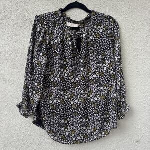 Loft Blouse Floral Women's Long Sleeve Black White Flowers Tie Front Medium